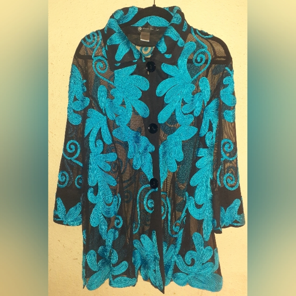 Beautiful, sheer, stitched turquoise and black cover up